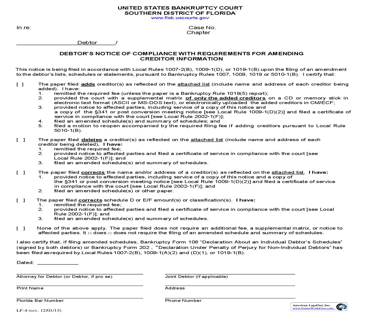 Debtors Notice Of Compliance With Requirements For Amending Creditor Information {LF-4} | Pdf Fpdf Doc Docx | Florida