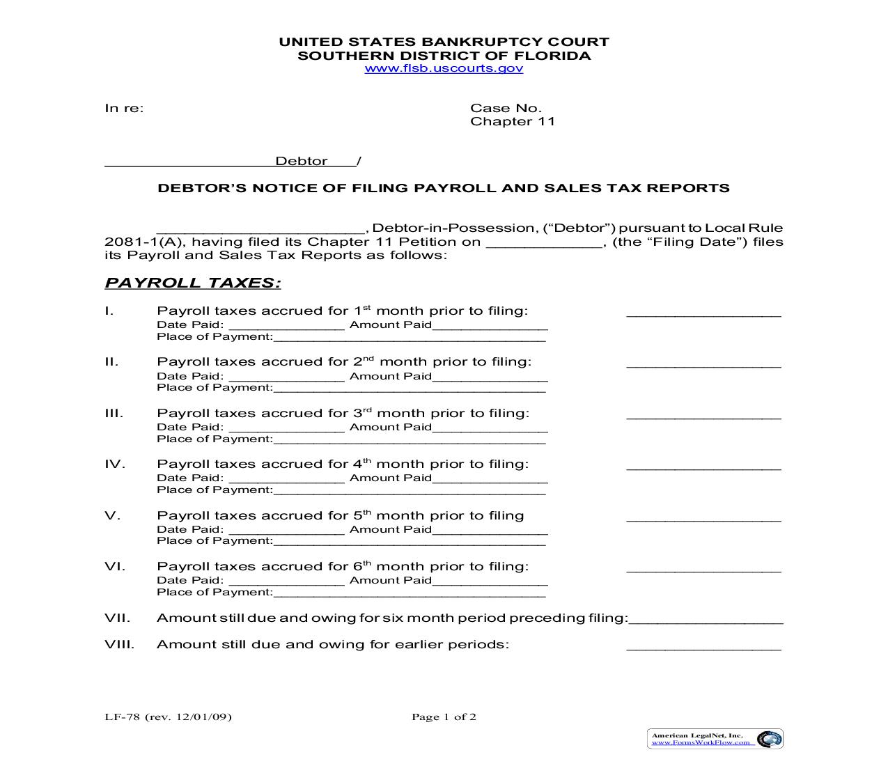 Debtors Notice Of Filing Payroll And Sales Tax Reports {LF-78} | Pdf Fpdf Doc Docx | Florida