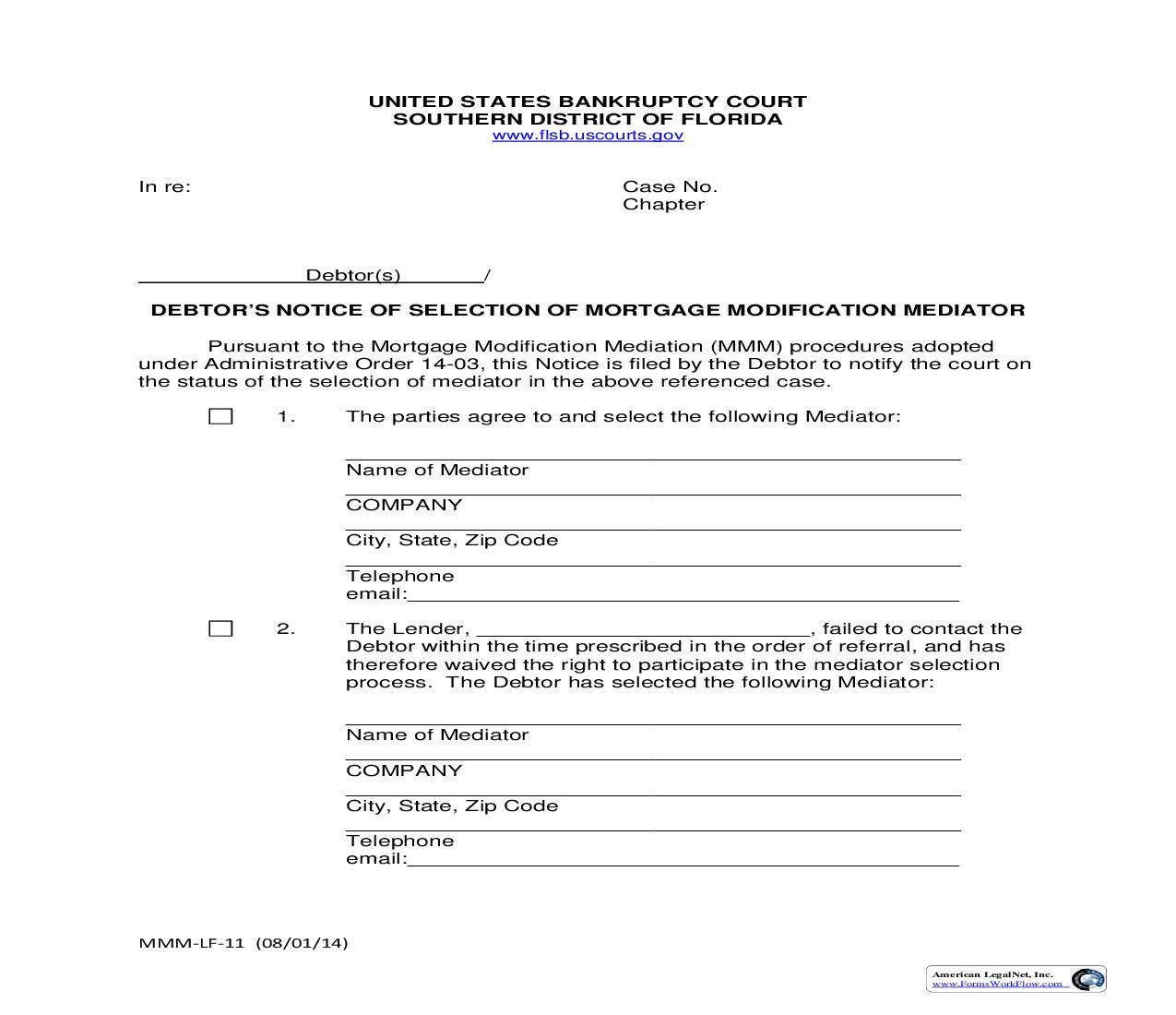 Debtors Notice Of Selection Of Mortgage Modification Mediator {MMM-LF-11} | Pdf Fpdf Doc Docx | Florida