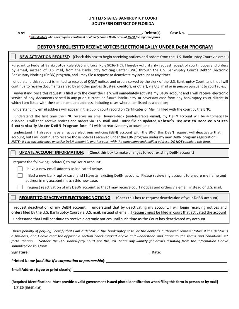 Debtors Request To Receive Notices Electronically Under DeBN Program {LF-80} | Pdf Fpdf Docx | Florida