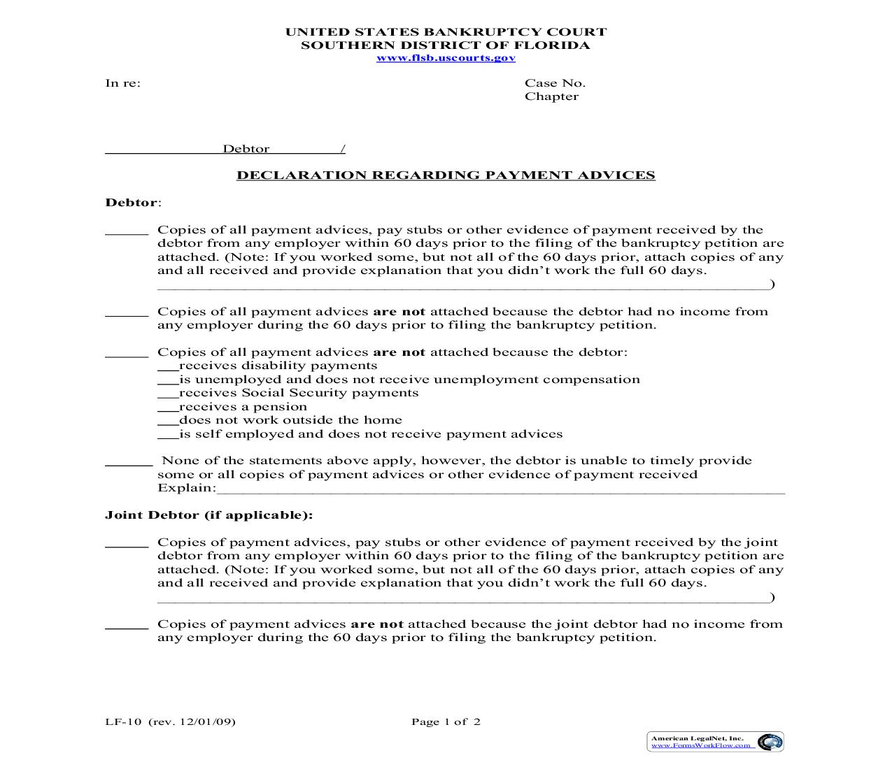 Declaration Regarding Payment Advices {LF-10} | Pdf Fpdf Doc Docx | Florida