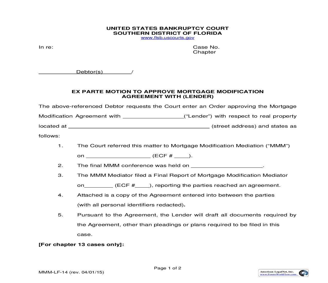 Ex Parte Motion To Approve Mortgage Modification Agreement With (Lender) {MMM-LF-14} | Pdf Fpdf Doc Docx | Florida