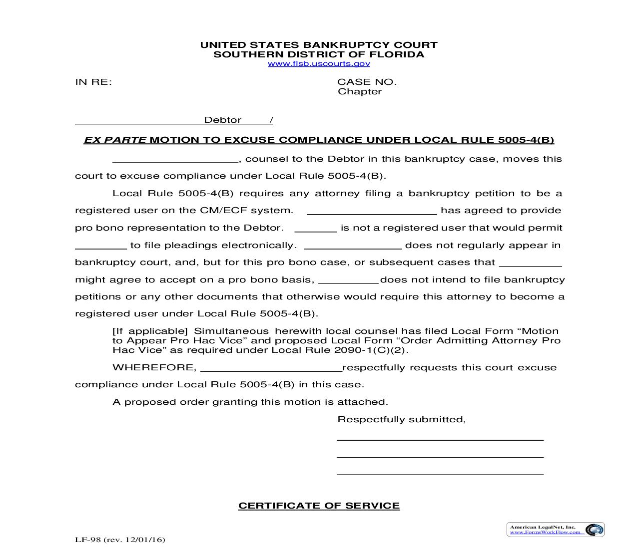Ex Parte Motion To Excuse Compliance Under Local Rule 5005-4(B) (Sample And Form) {LF-98} | Pdf Fpdf Doc Docx | Florida