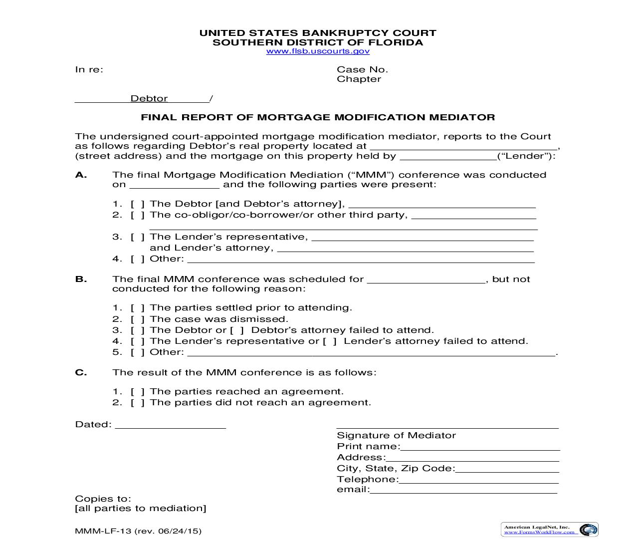 Final Report Of Mortgage Modification Mediator {MMM-LF-13} | Pdf Fpdf Doc Docx | Florida