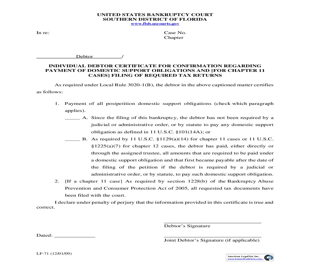 Individual Debtor Certificate For Confirmation Re Payment Of Domestic Support - (For Ch11) Filing Of Required Tax {LF-71} | Pdf Fpdf Doc Docx | Florida