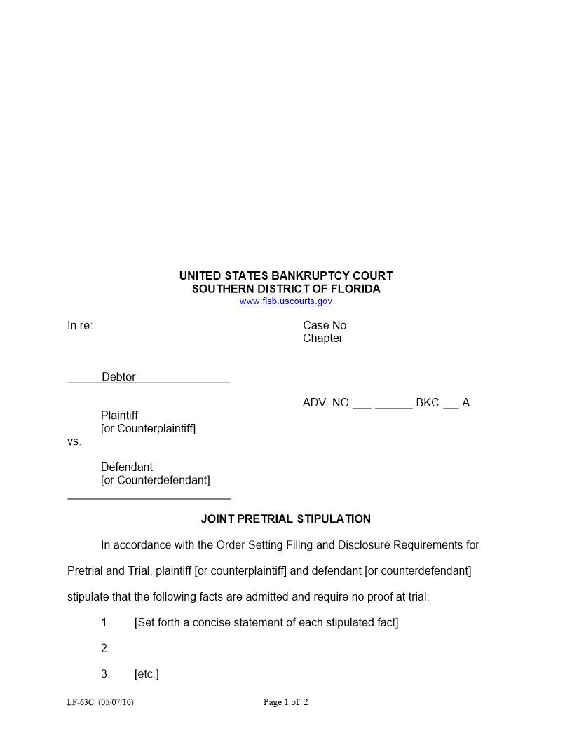 Joint Pretrial Stipulation {LF-63C} | Pdf Fpdf Docx | Florida