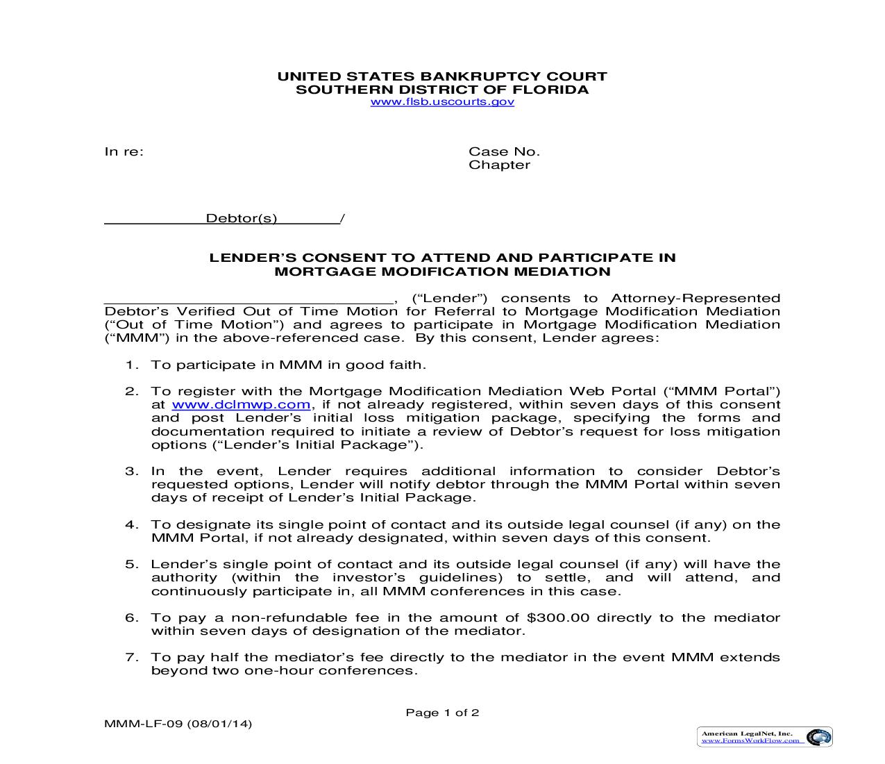 Lenders Consent To Attend And Participate In Mortgage Modification Mediation {MMM-LF-09} | Pdf Fpdf Doc Docx | Florida