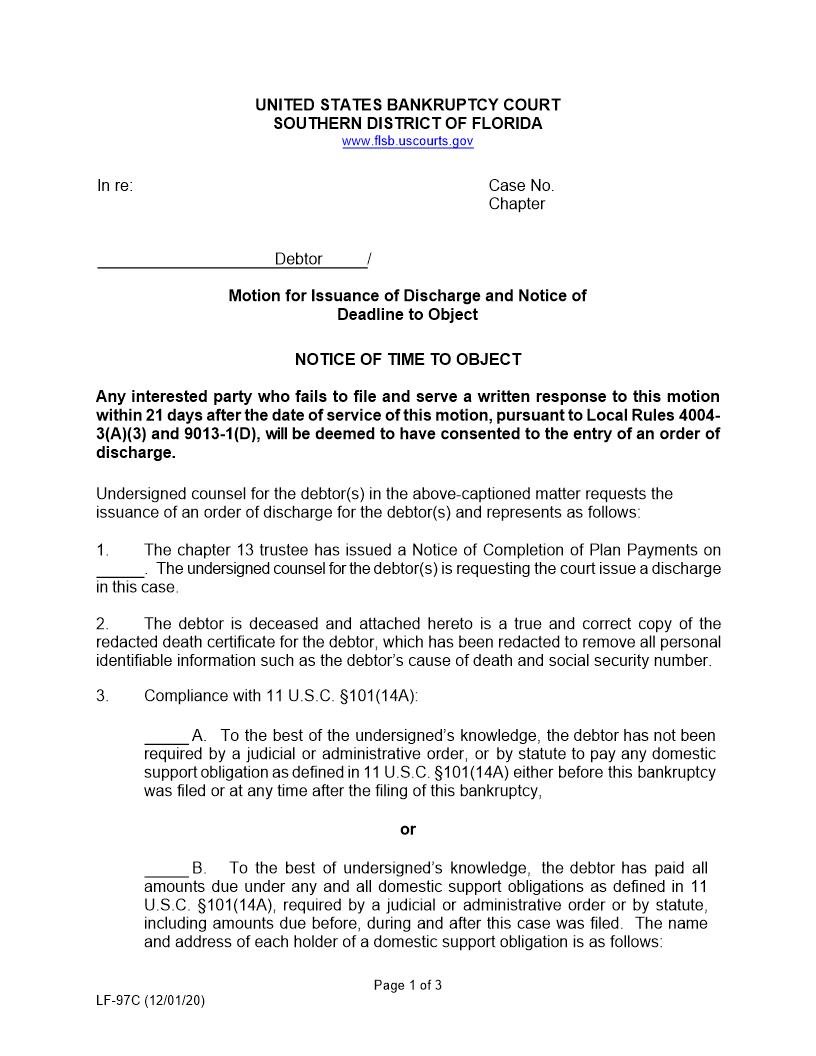 Motion For Discharge Notice Of Deadline To Object (Deceased Debtor) {LP-97C} | Pdf Fpdf Docx | Florida