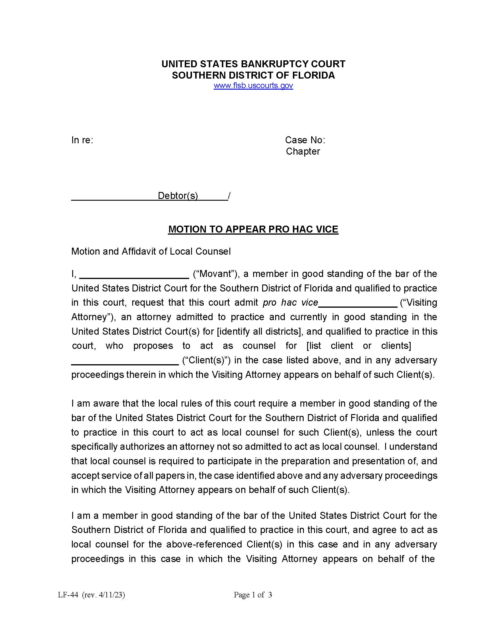 Motion To Appear Pro Hac Vice {LF-44} | Pdf Fpdf Doc Docx | Florida