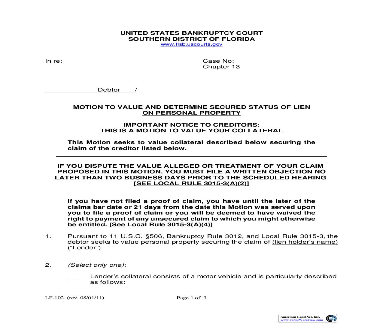 Motion To Value And Determine Secured Status Of Lien On Personal Property {LF-102} | Pdf Fpdf Doc Docx | Florida