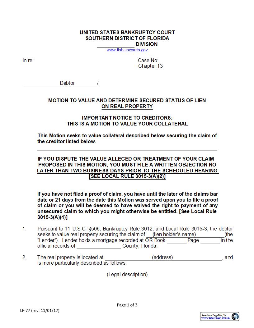 Motion To Value And Determine Secured Status Of Lien On Real Property {LF-77} | Pdf Fpdf Docx | Florida