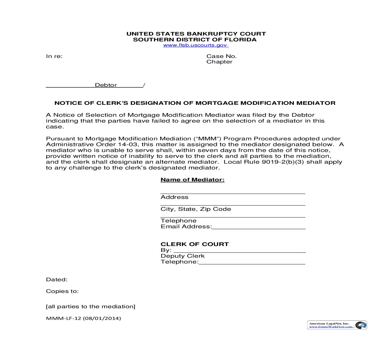 Notice Of Clerks Designation Of Mortgage Modification Mediator {MMM-LF-12} | Pdf Fpdf Doc Docx | Florida