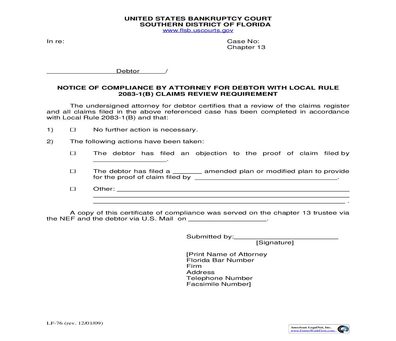 Notice Of Compliance By Attorney For Debtor-Local Rule 2083-1(B) Claims Review Requirement {LF-76} | Pdf Fpdf Doc Docx | Florida