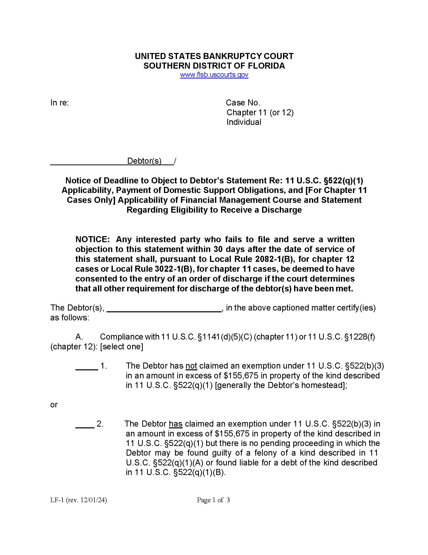 Notice Of Deadline To Object To Debtors Statement Re 11 USC 522(q)(1) {LF-1} | Pdf Fpdf Doc Docx | Florida