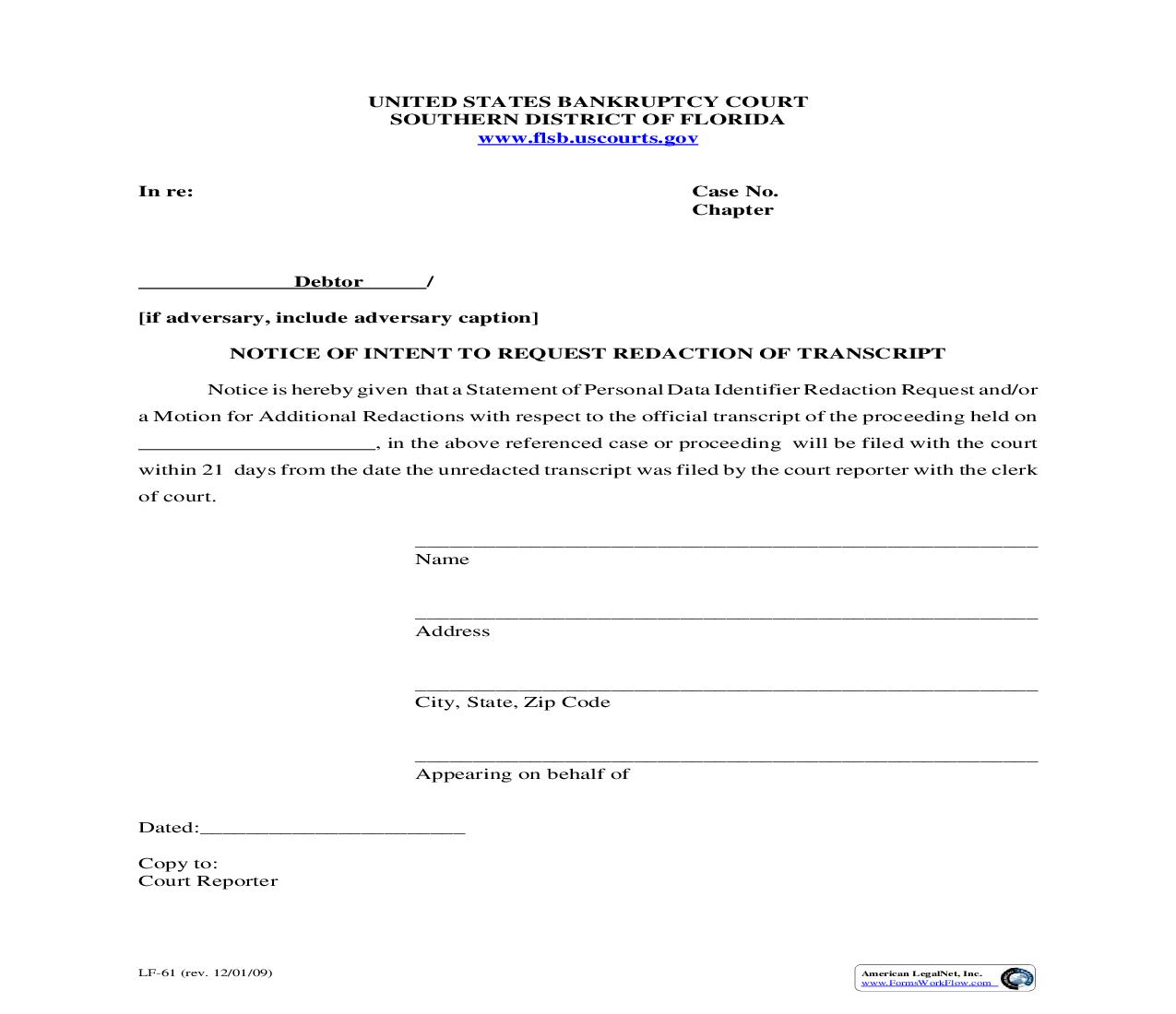 Notice Of Intent To Request Redaction Of Transcript (Sample And Form) {LF-61} | Pdf Fpdf Doc Docx | Florida