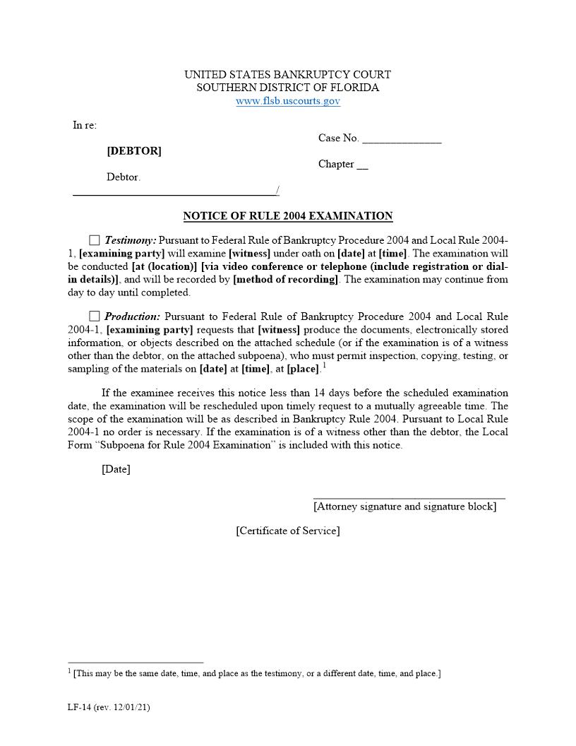 Notice Of Rule 2004 Examination {LF-14} | Pdf Fpdf Doc Docx | Florida
