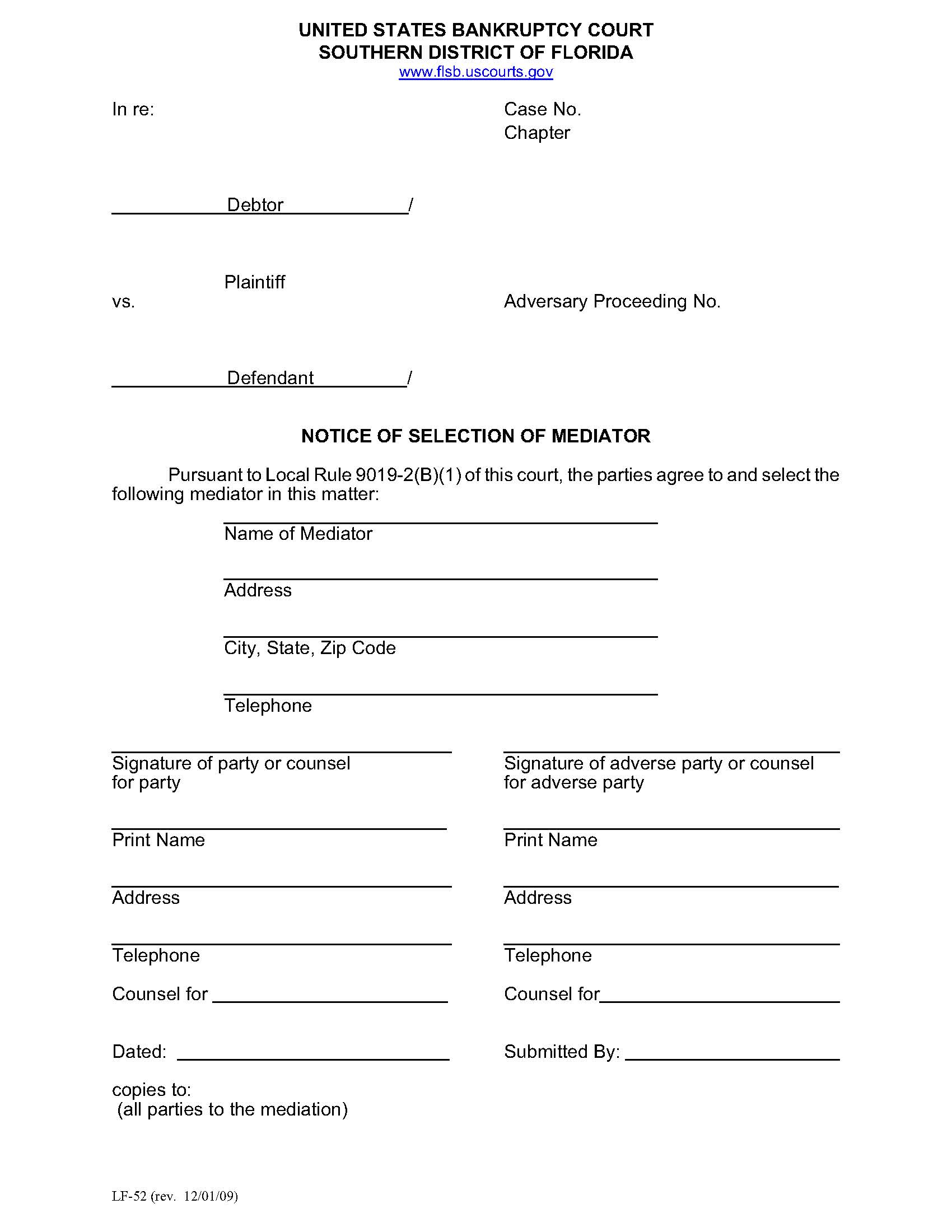 Notice Of Selection Of Mediator {LF-52} | Pdf Fpdf Doc Docx | Florida