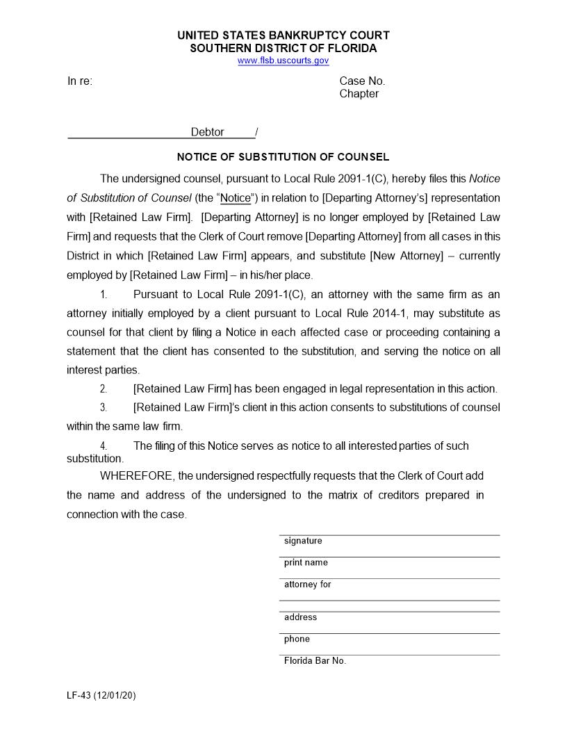 Notice Of Substitution Of Counsel {LF-43} | Pdf Fpdf Docx | Florida