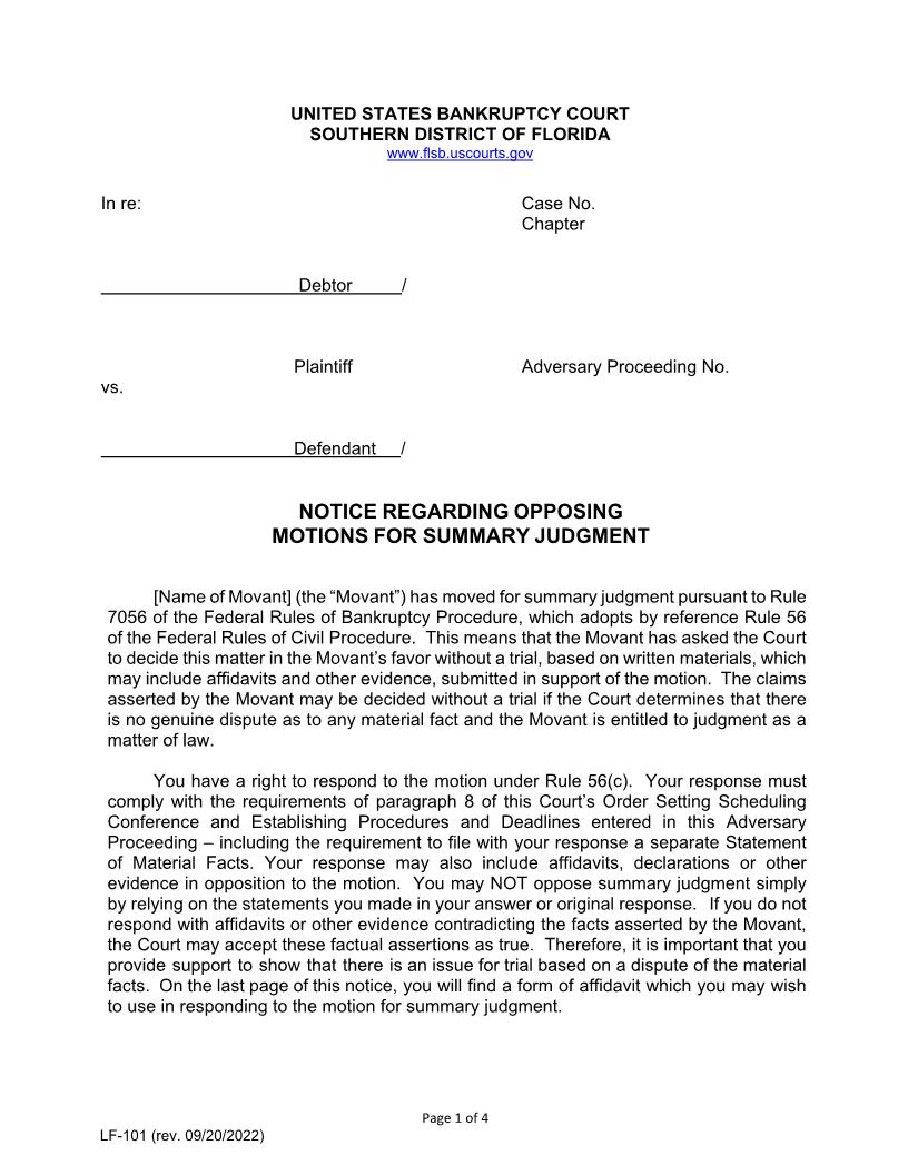 Notice Regarding Opposing Motions For Summary Judgment {LF-101} | Pdf Fpdf Docx | Florida