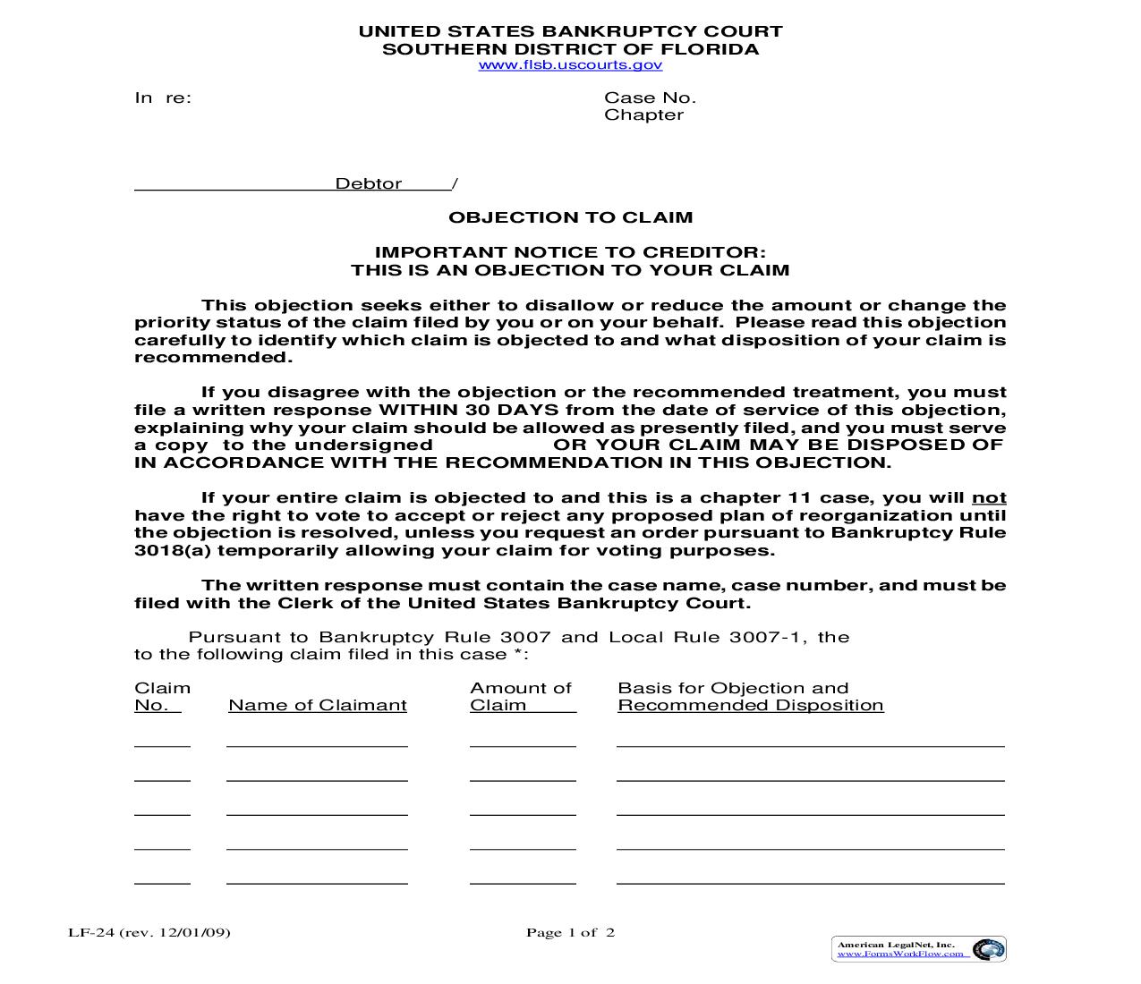 Objection To Claim {LF-24} | Pdf Fpdf Doc Docx | Florida