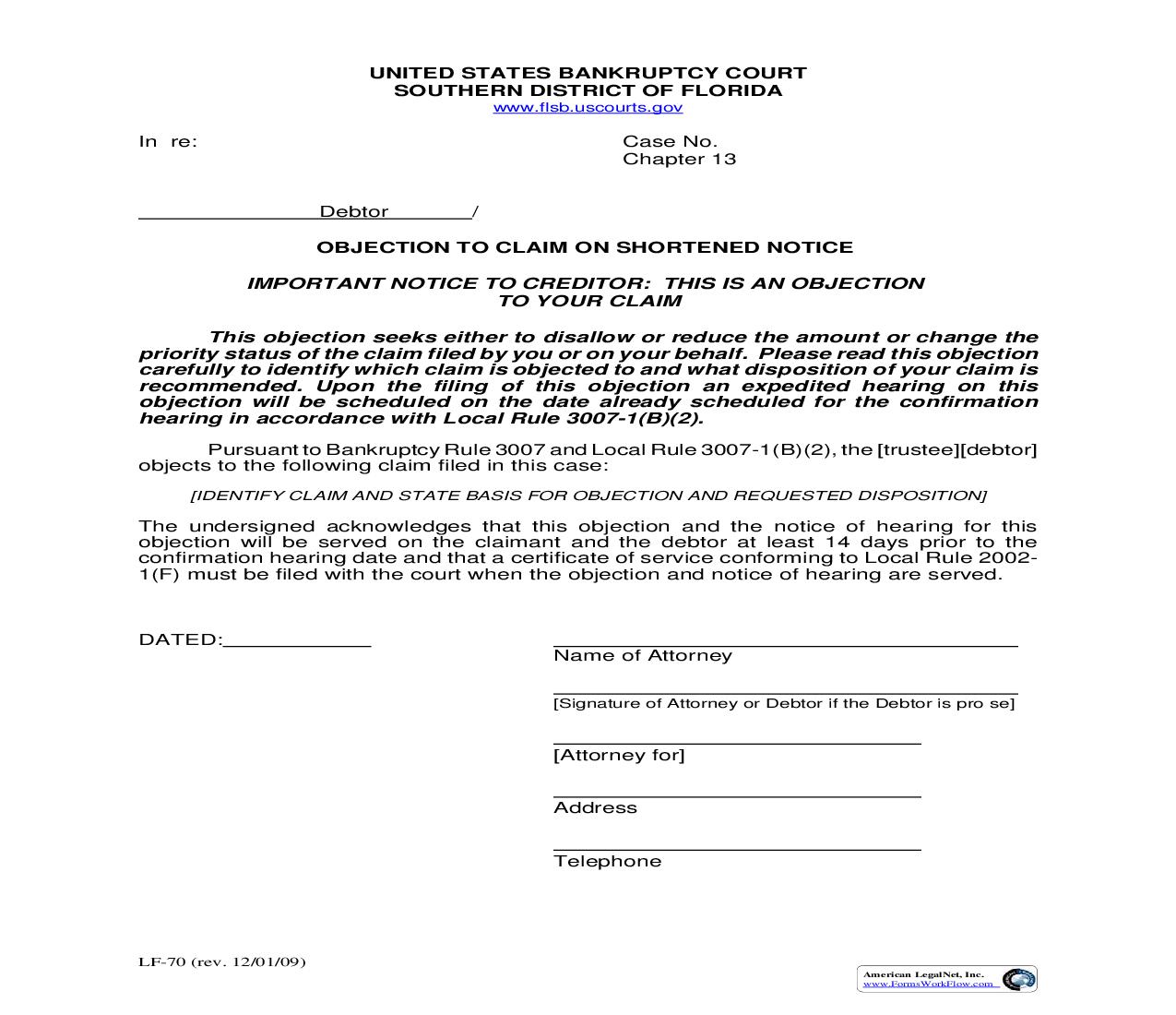 Objection To Claim On Shortened Notice {LF-70} | Pdf Fpdf Doc Docx | Florida
