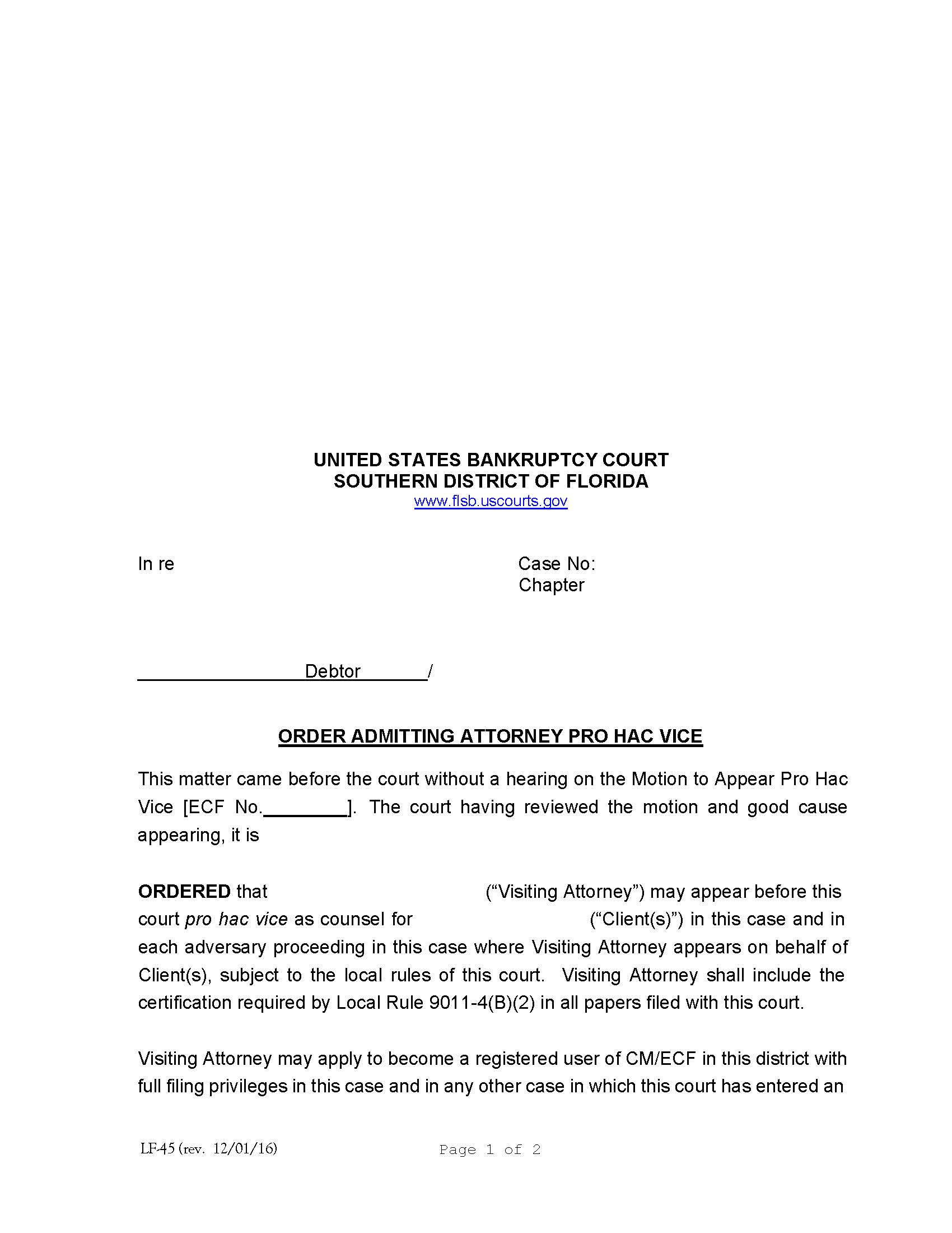 Order Admitting Attorney Pro Hac Vice {LF-45} | Pdf Fpdf Doc Docx | Florida