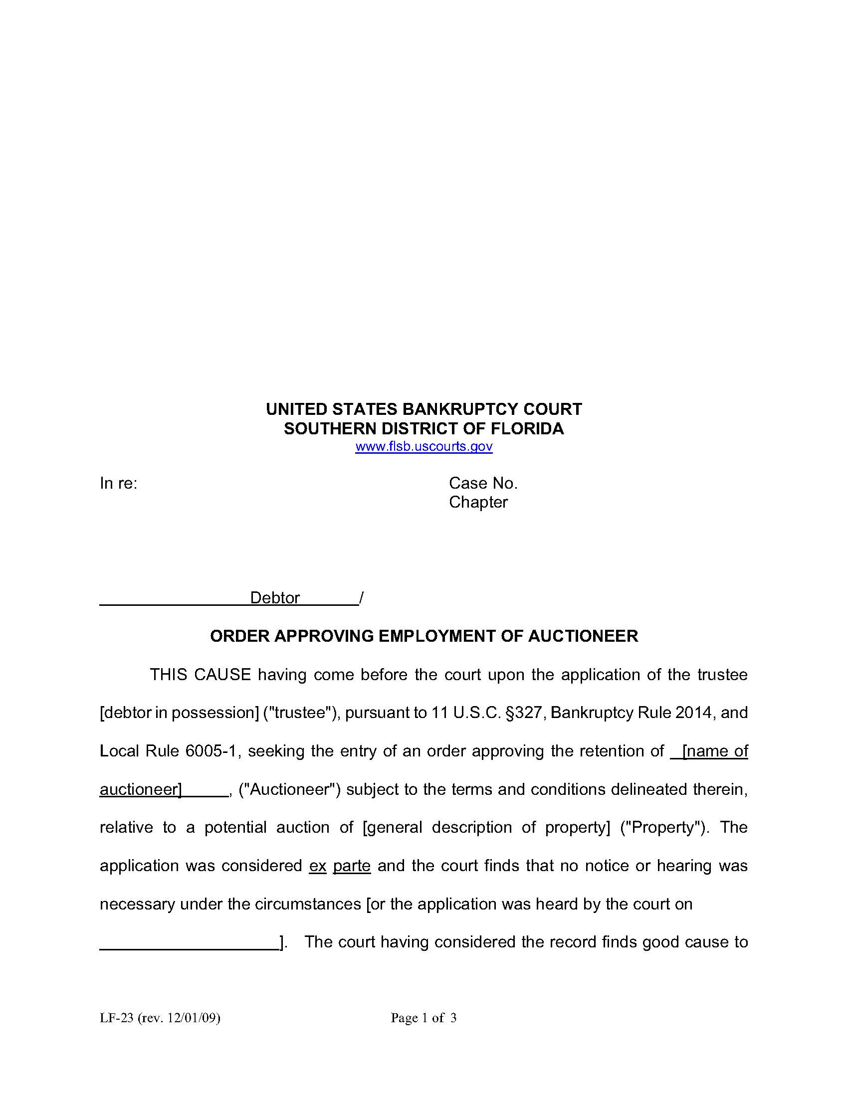 Order Approving Employment Of Auctioneer (Sample And Form) {LF-23} | Pdf Fpdf Doc Docx | Florida
