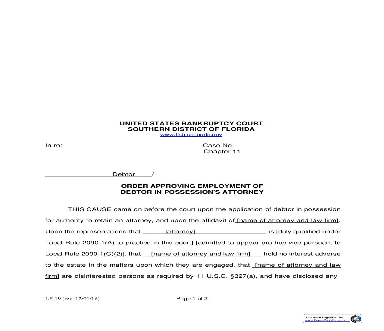 Order Approving Employment Of Debtor In Possessions Attorney {LF-19} | Pdf Fpdf Doc Docx | Florida
