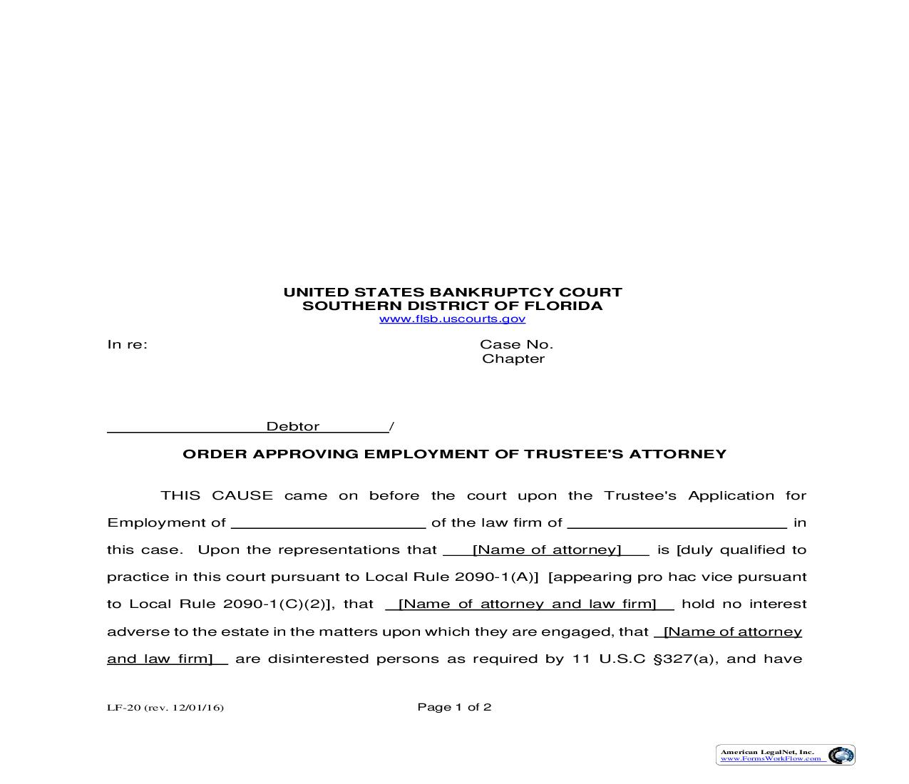 Order Approving Employment Of Trustees Attorney {LF-20} | Pdf Fpdf Doc Docx | Florida