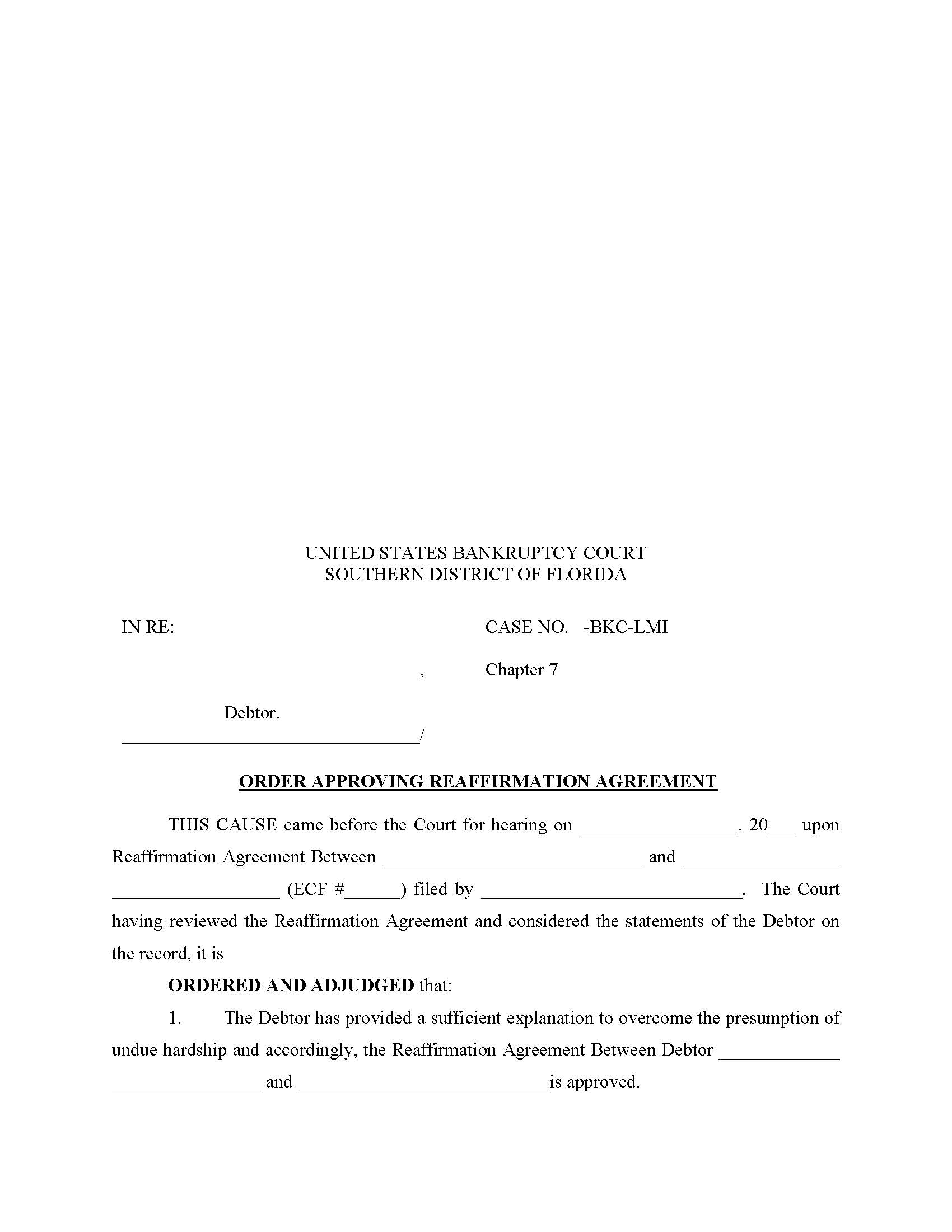 Order Approving Reaffirmation Agreement (After Hearing) (Judge Isicoff) | Pdf Fpdf Docx | Florida