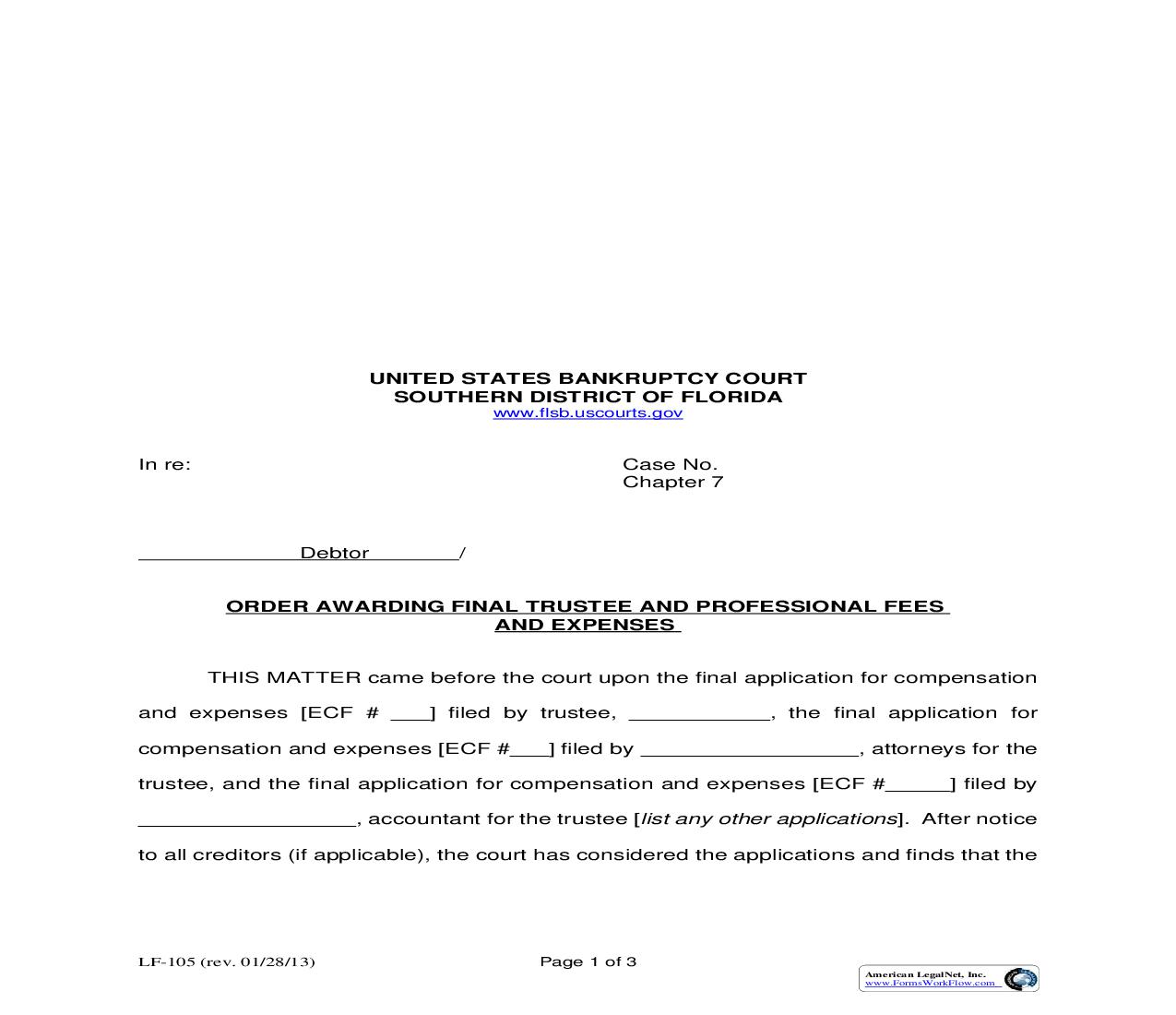 Order Awarding Final Trustee And Professional Fees And Expenses {LF-105} | Pdf Fpdf Doc Docx | Florida