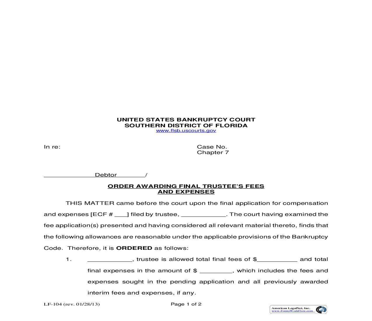 Order Awarding Final Trustees Fees And Expenses {LF-104} | Pdf Fpdf Doc Docx | Florida