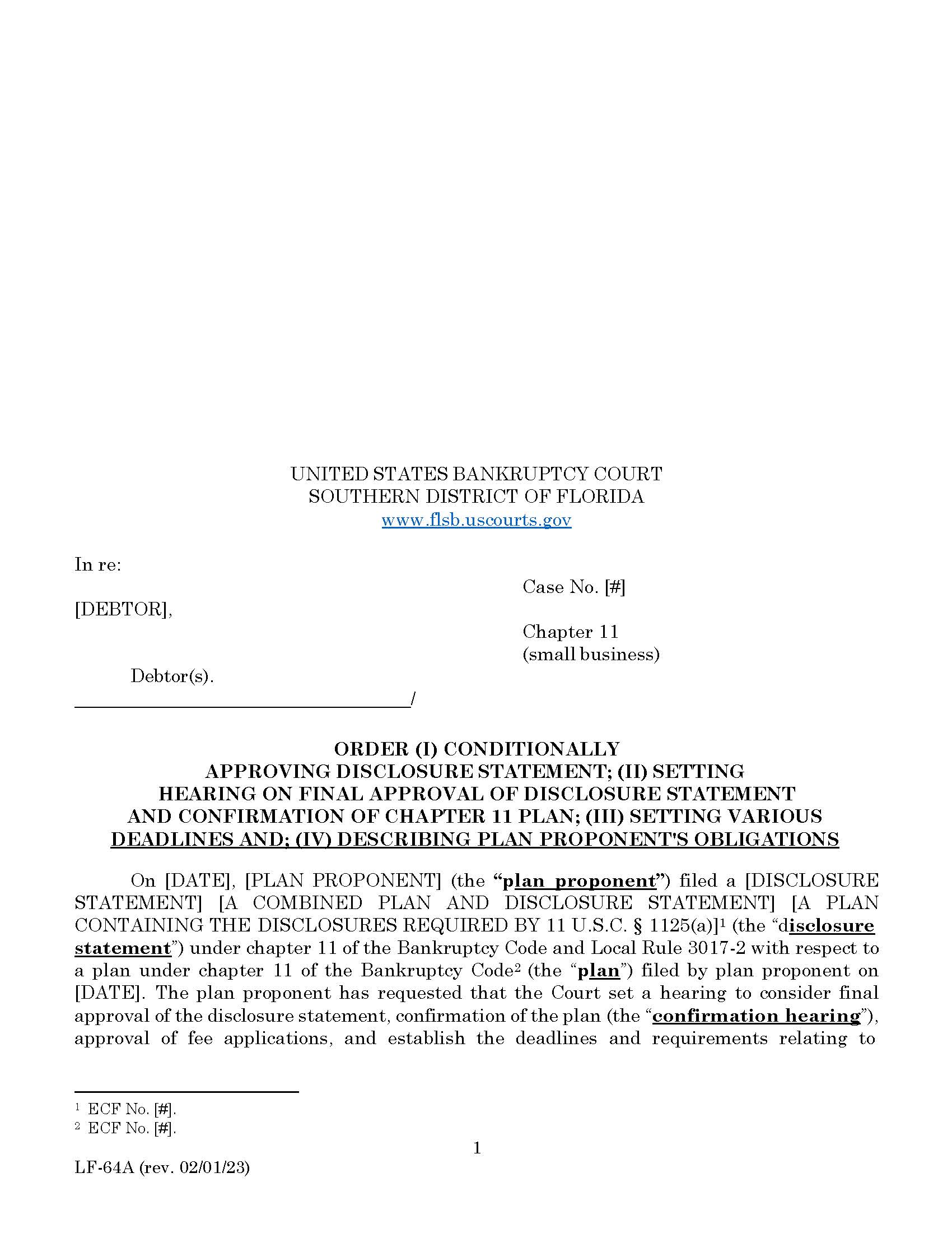 Order Conditionally Approving Disclosure Statement Setting Hearing On Chap 11 Plan {LF-64A} | Pdf Fpdf Doc Docx | Florida