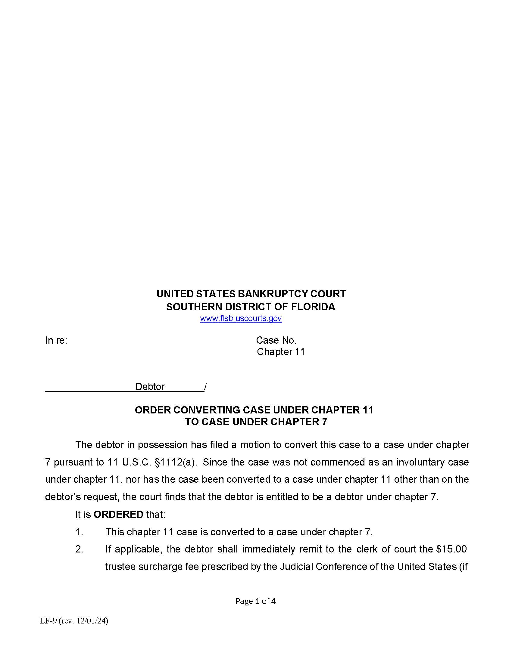 Order Converting Case Under Chapter 11 To Case Under Chapter 7 {LF-9} | Pdf Fpdf Doc Docx | Florida
