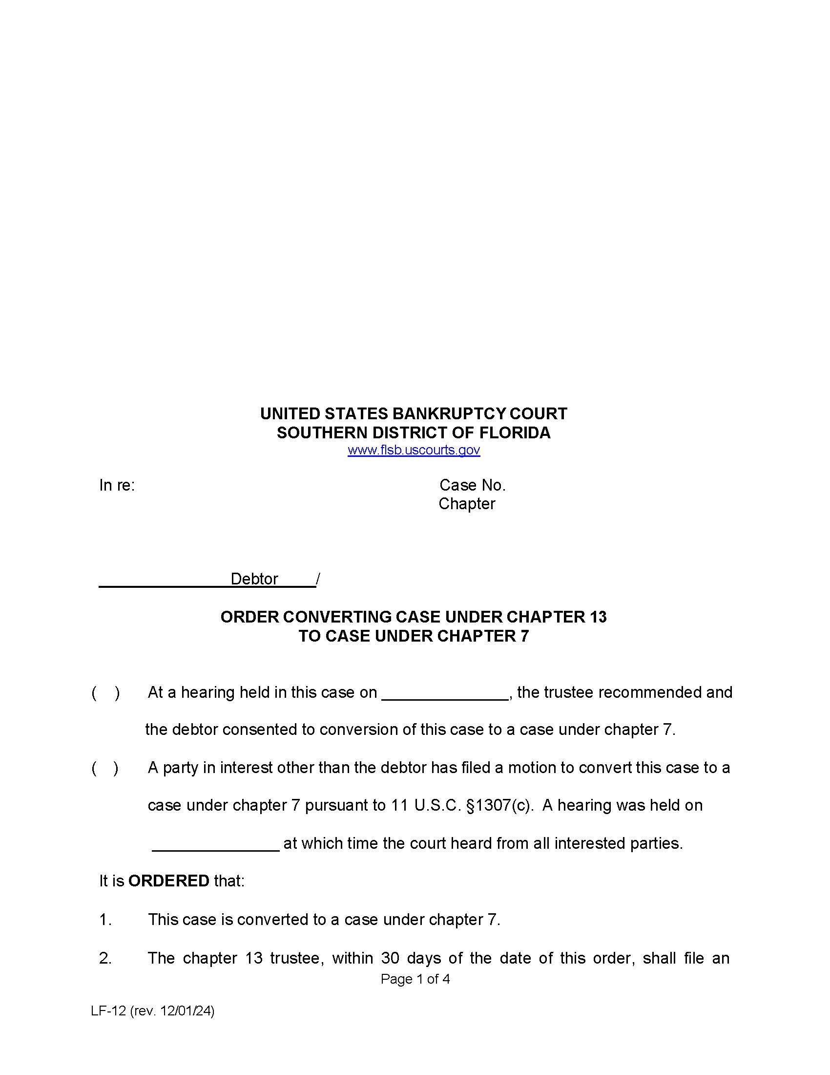 Order Converting Case Under Chapter 13 To Case Under Chapter 7 {LF-12} | Pdf Fpdf Doc Docx | Florida