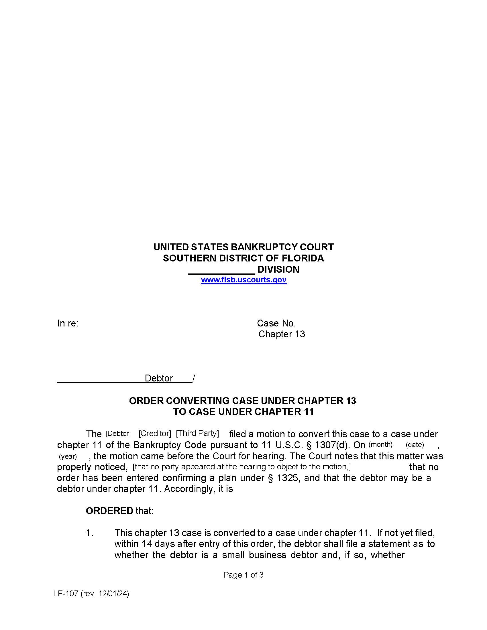 Order Converting Case Under Chapter 13 To Chapter 11 {LF-107} | Pdf Fpdf Doc Docx | Florida