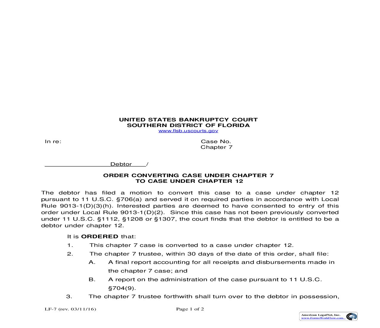 Order Converting Case Under Chapter 7 To Case Under Chapter 12 {LF-7} | Pdf Fpdf Doc Docx | Florida
