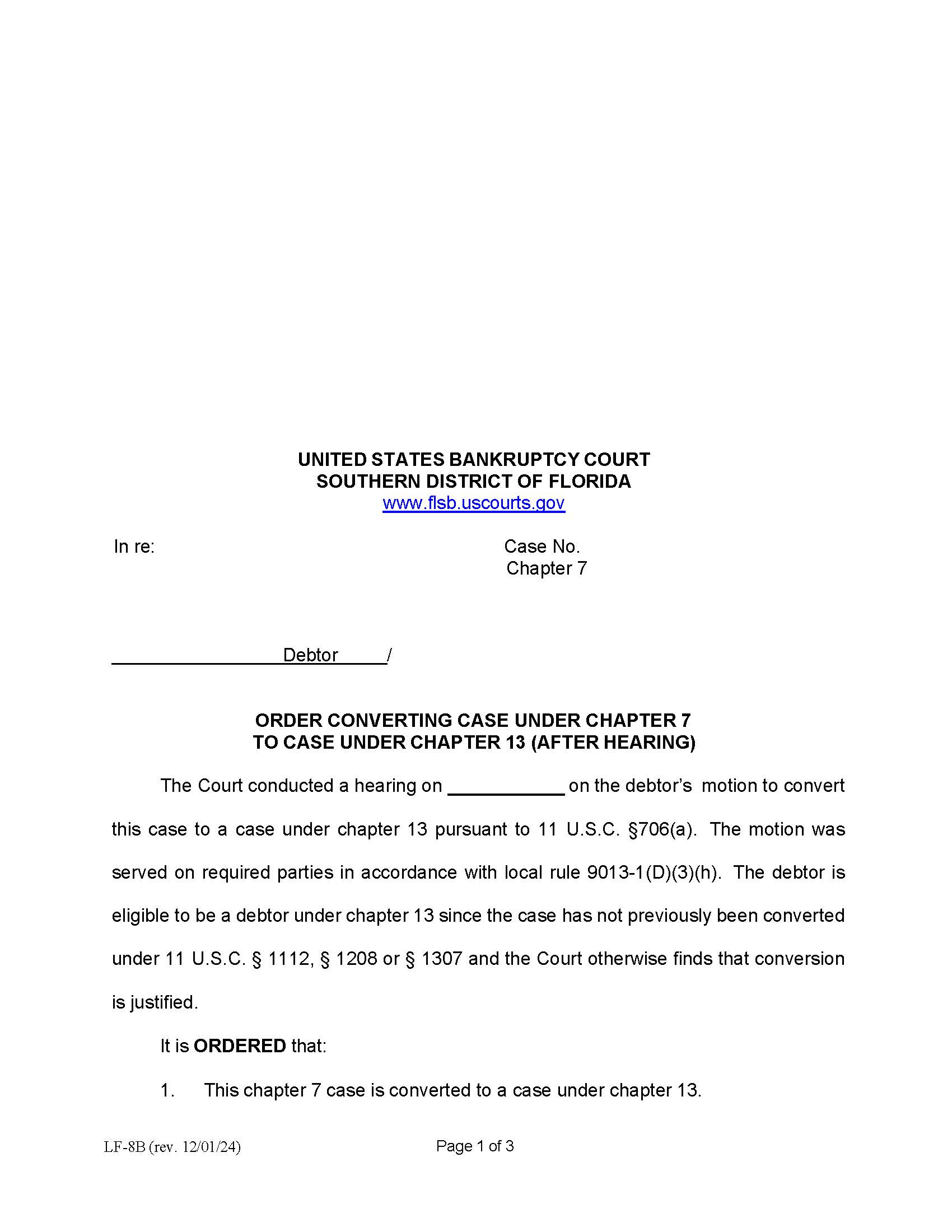 Order Converting Case Under Chapter 7 To Case Under Chapter 13 (After Hearing) {LF-8B} | Pdf Fpdf Docx | Florida