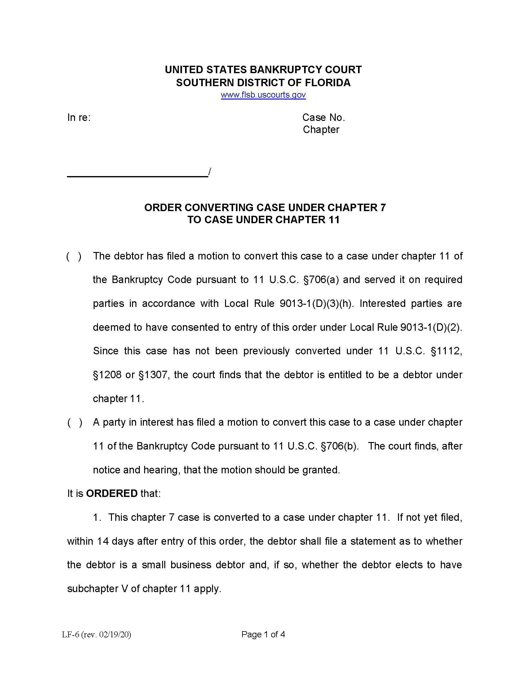 Order Converting Case Under Chapter 7 To Chapter 11 {LF-6} | Pdf Fpdf Doc Docx | Florida