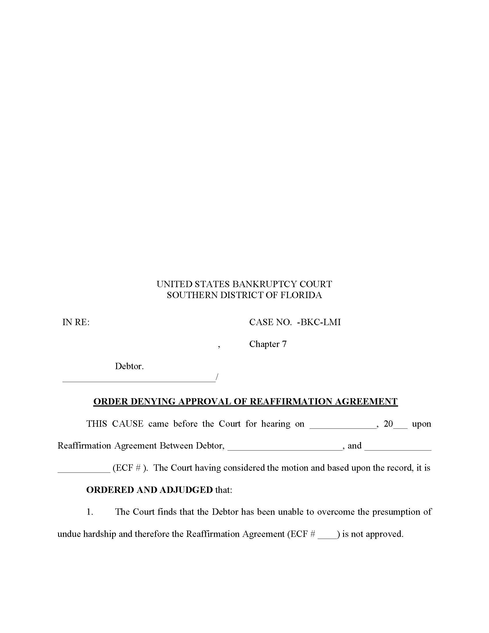 Order Denying Approval Of Reaffirmation Agreement (Judge Isicoff) | Pdf Fpdf Docx | Florida