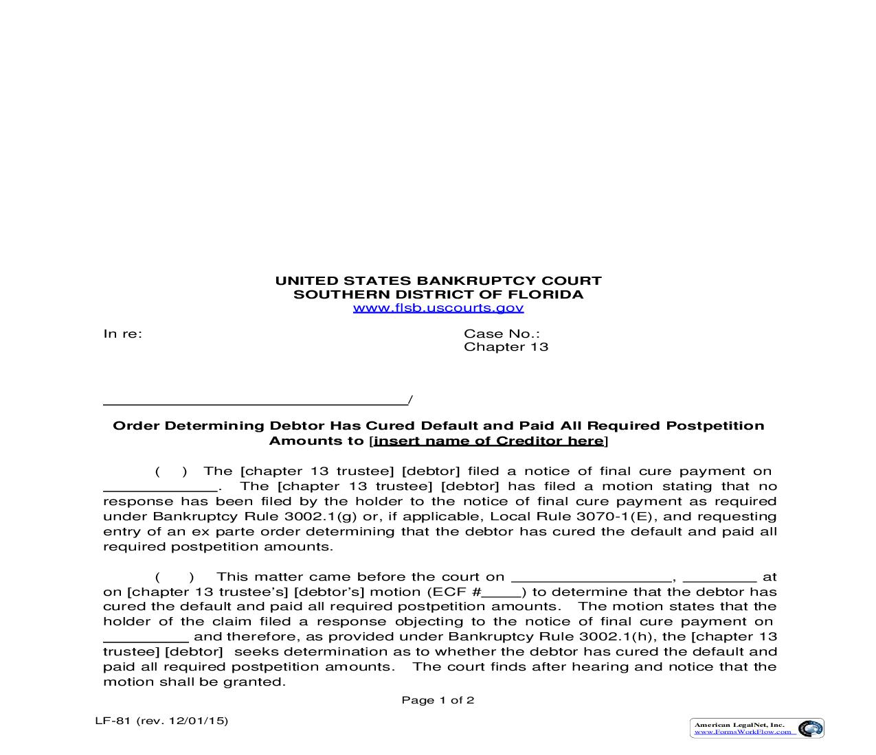Order Determining Debtor Has Cured Default Paid All Required Postpetition Amounts {LF-81} | Pdf Fpdf Doc Docx | Florida