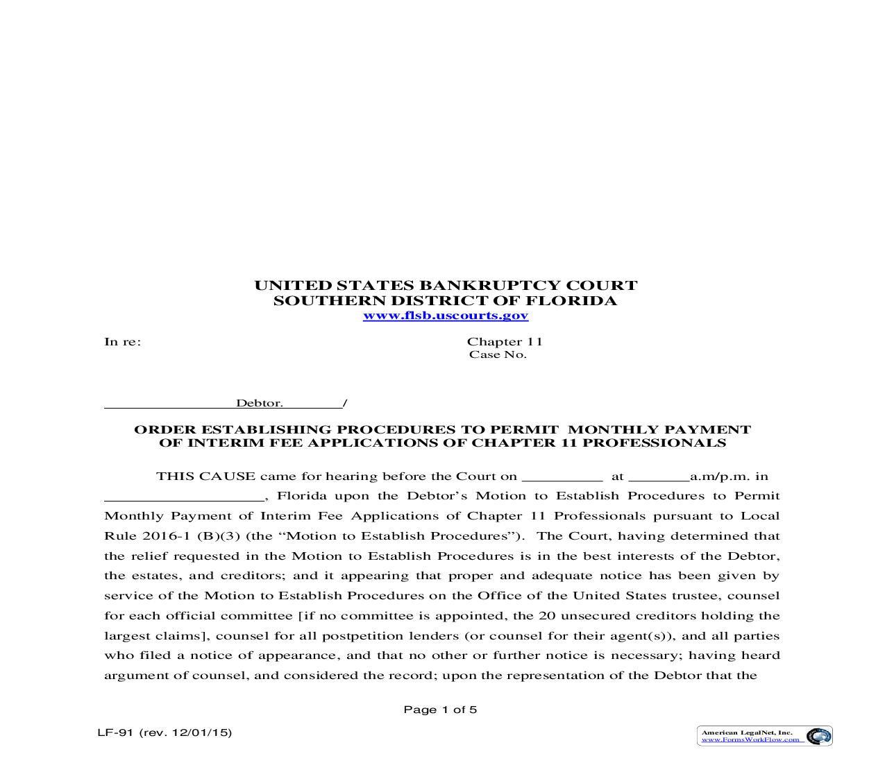 Order Establishing Procedures To Permit Monthly Payment Of Interim Fee Applications Of Chapter 11 Professionals {LF-91} | Pdf Fpdf Doc Docx | Florida