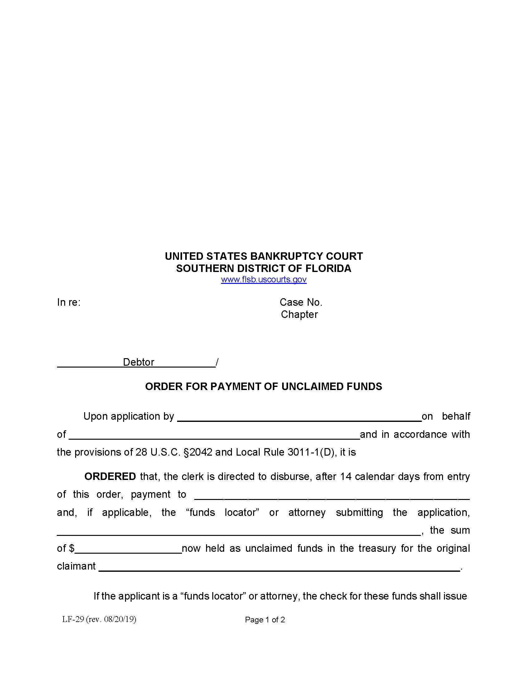 Order For Payment Of Unclaimed Funds {LF-29} | Pdf Fpdf Doc Docx | Florida
