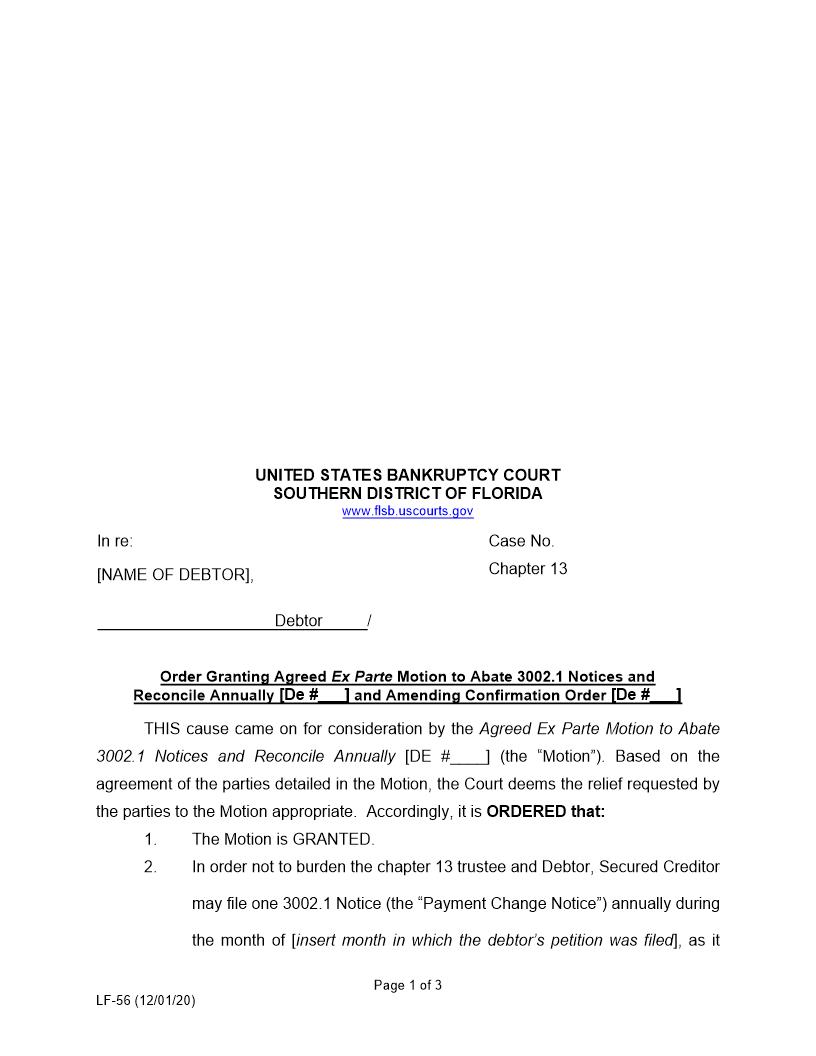 Order Granting Agreed Ex Parte Motion To Abate 3002.1 Notices {LF-56} | Pdf Fpdf Docx | Florida