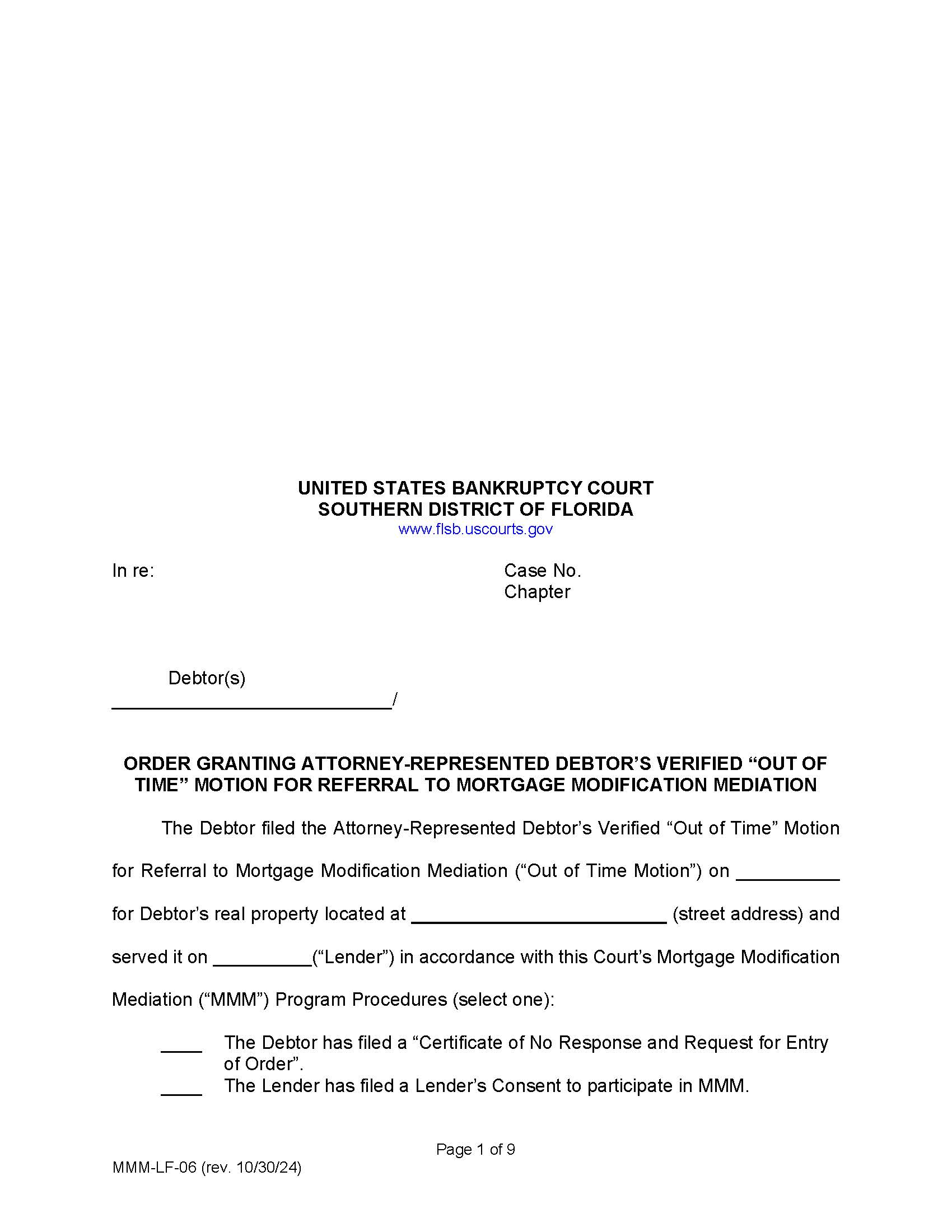 Order Granting Attorney-Represented Debtors Out Of Time Motion Referral To MMM {MMM-LF-06} | Pdf Fpdf Doc Docx | Florida