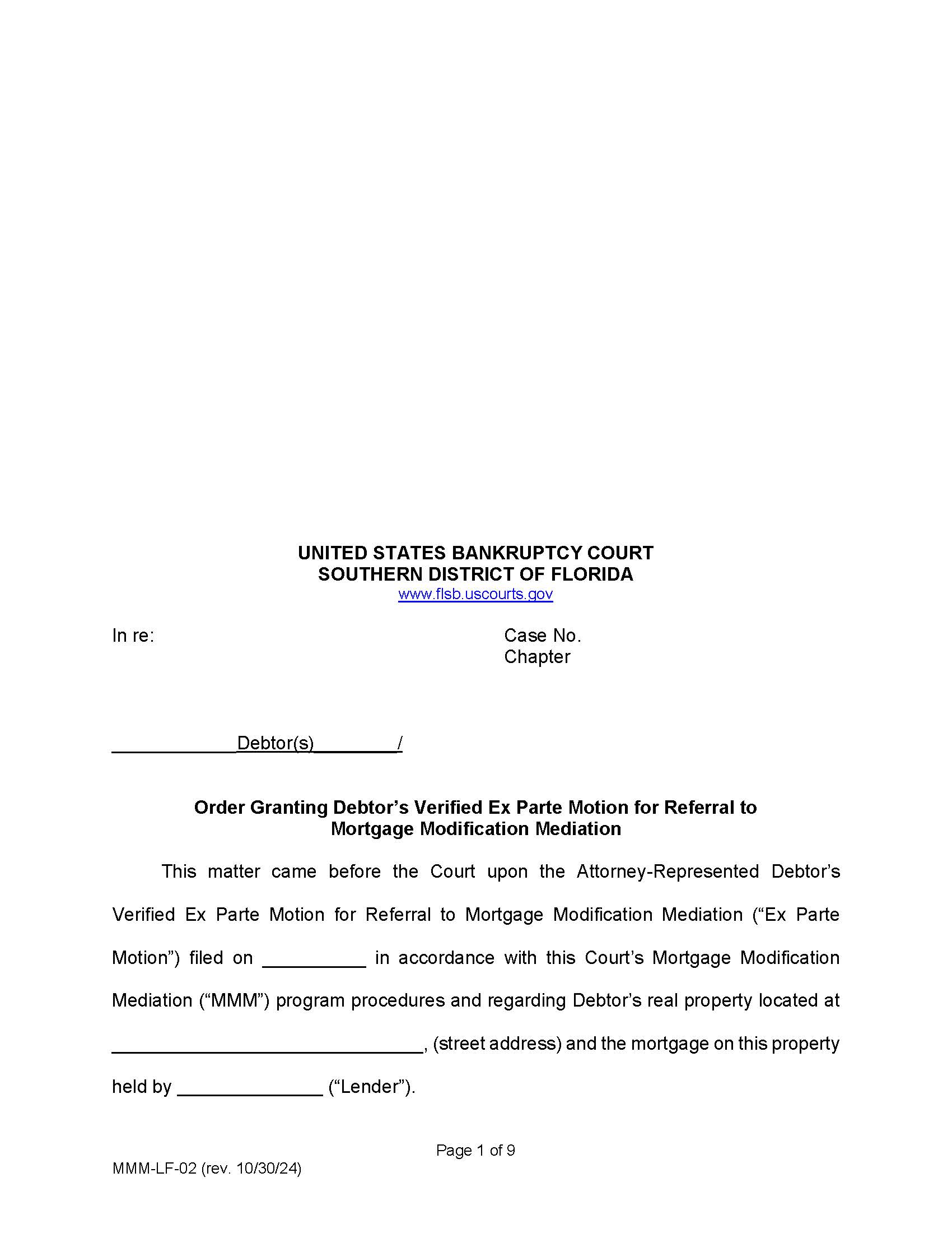 Order Granting Debtors Verified Ex Parte Motion For Referral To MMM {MMM-LF-02} | Pdf Fpdf Doc Docx | Florida