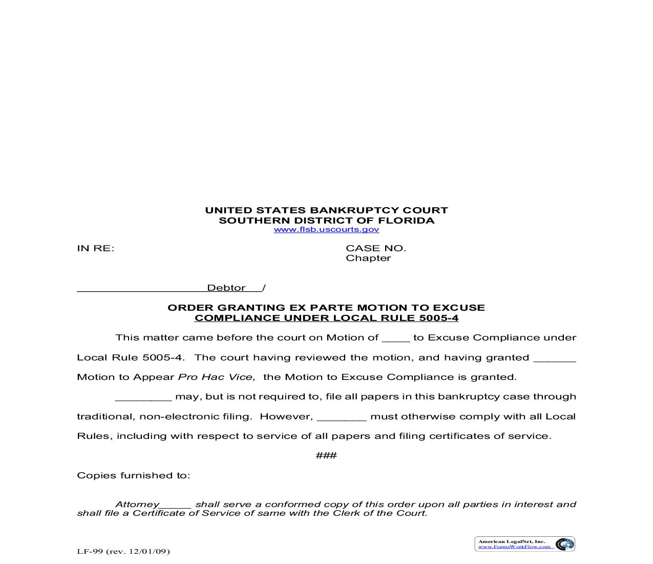 Order Granting Ex Parte Motion To Excuse Compliance Under Local Rule 5005-4 (Sample And Form) {LF-99} | Pdf Fpdf Doc Docx | Florida