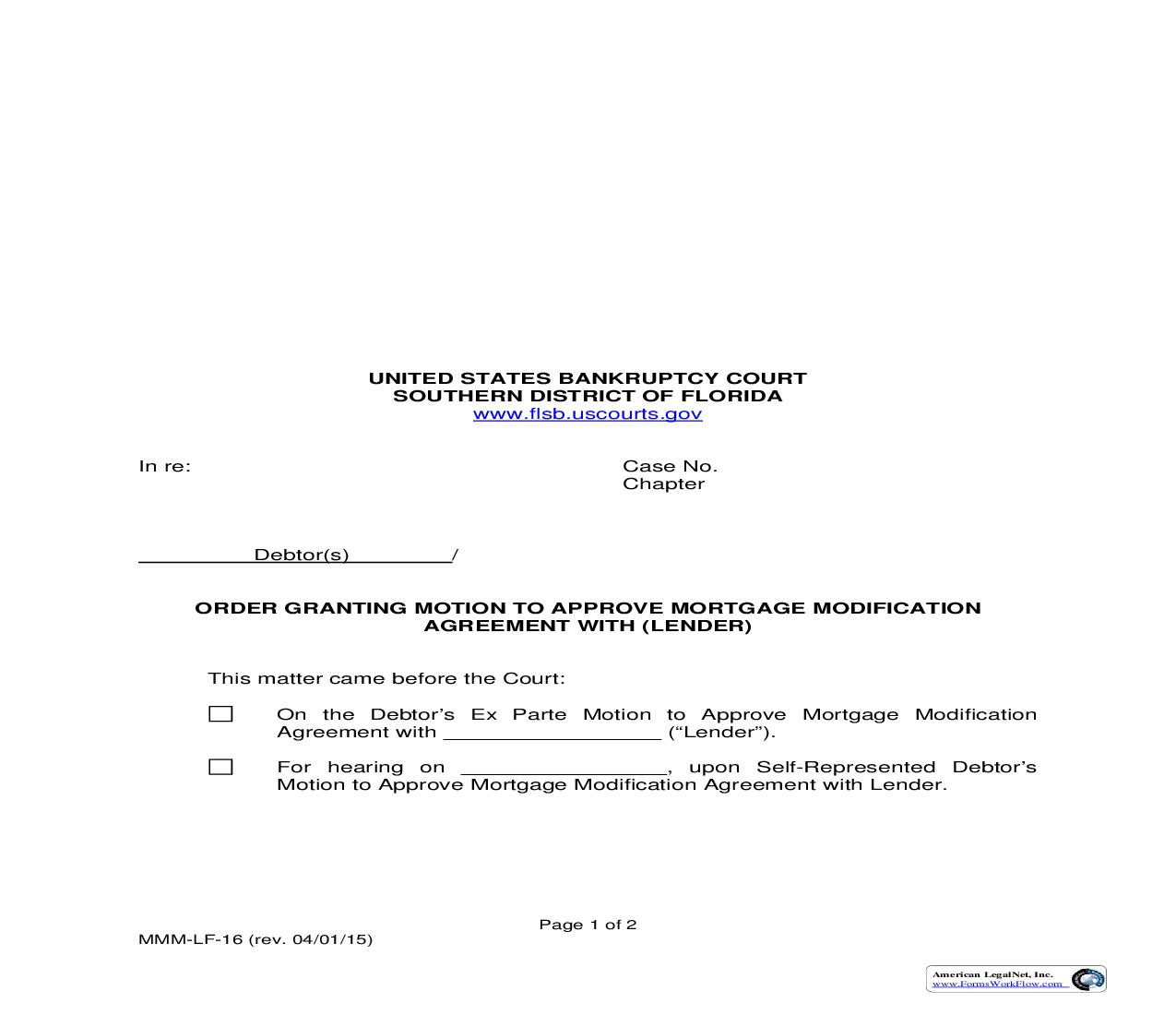 Order Granting Motion To Approve Mortgage Modification Agreement With (Lender) {MMM-LF-16} | Pdf Fpdf Doc Docx | Florida