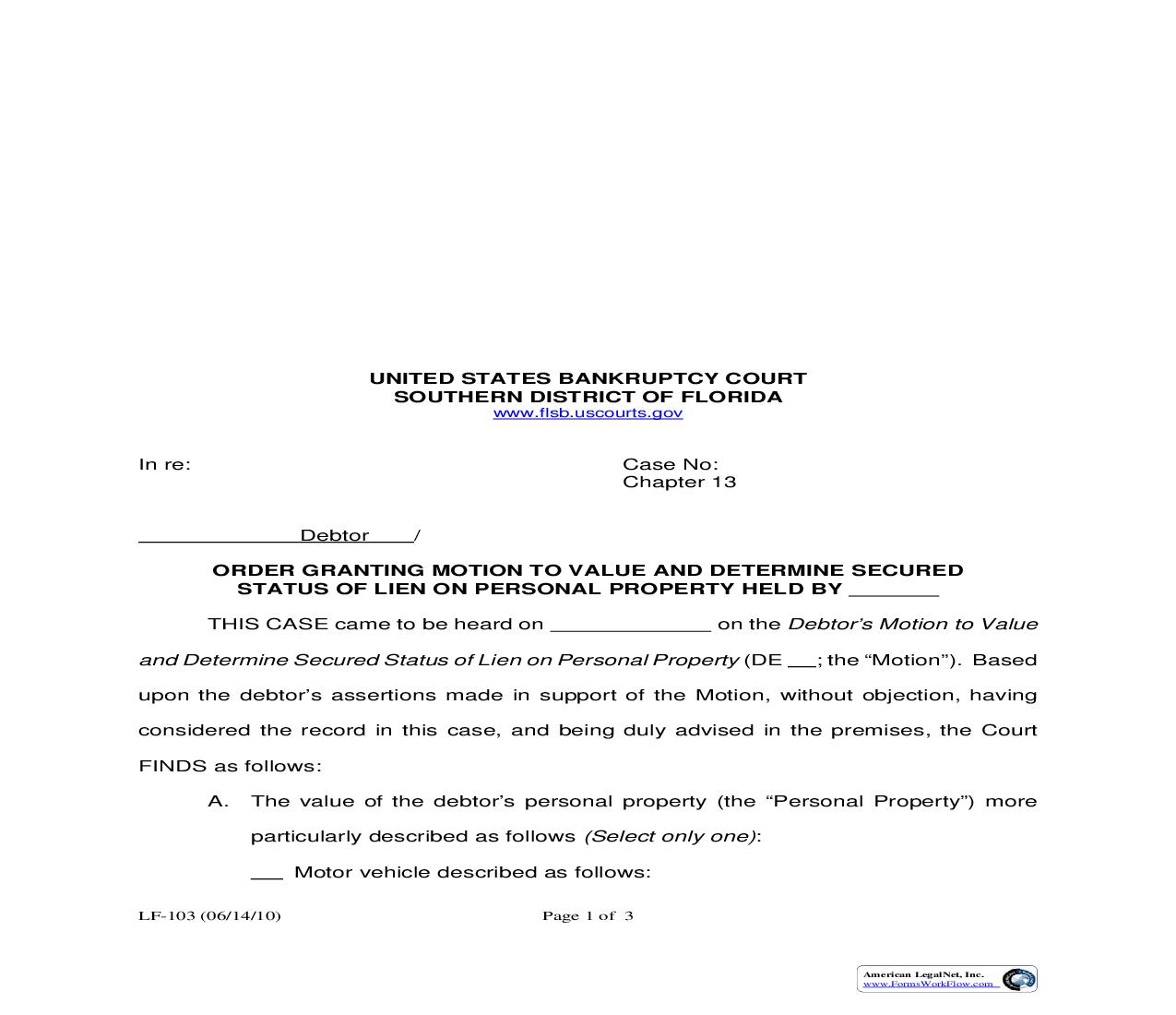 Order Granting Motion To Value And Determine Secured Status Of Lien On Personal Property {LF-103} | Pdf Fpdf Doc Docx | Florida