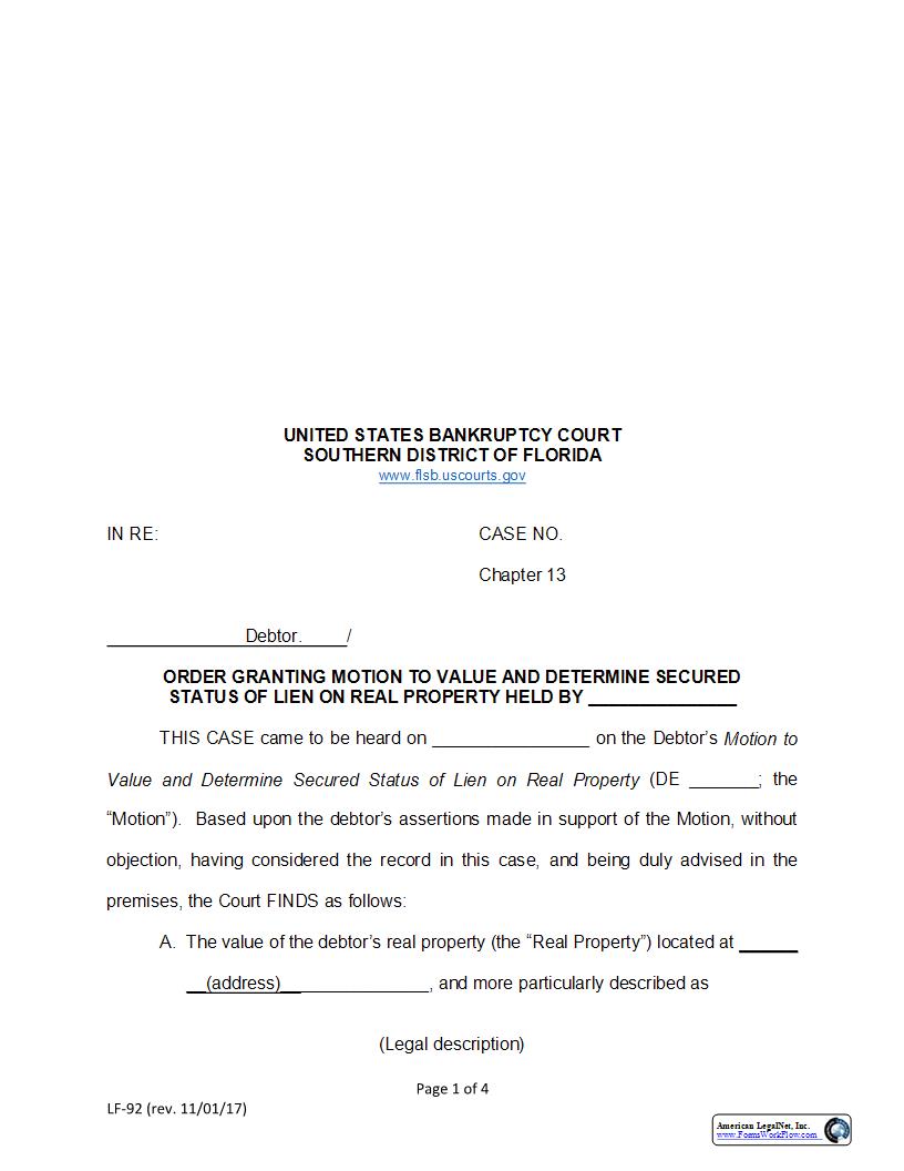 Order Granting Motion To Value And Determining Secured Status Of Lien On Real Property (Sample And Form) {LF-92} | Pdf Fpdf Docx | Florida
